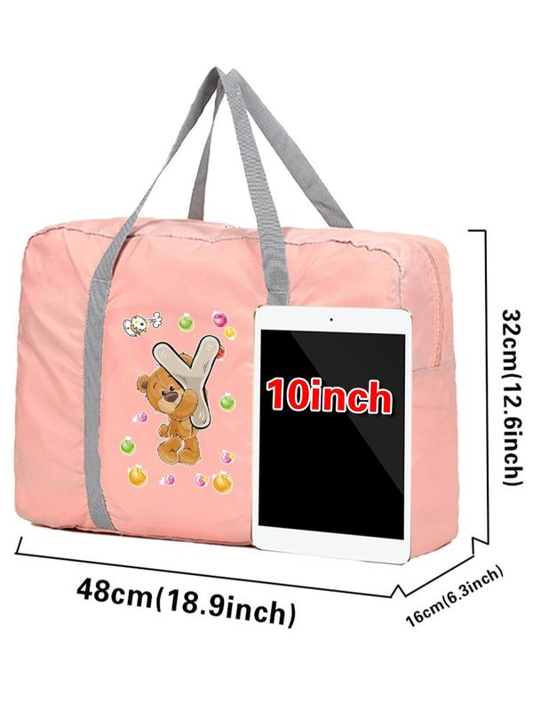 Large Capacity Cartoon Bear Print Folding Travel Bag, Letters Travel Bag, Boarding Luggage Clothes Handbag, Picnic Move House Handbag, Travel Duffle Bag