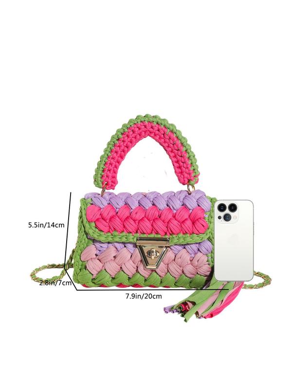 Women's Colorblock Crochet Handmade Bag, Fashionable Tassel Decor Crossbody Bag for Daily Used, Casual Trendy Versatile High-quality Daily Commuting Bag