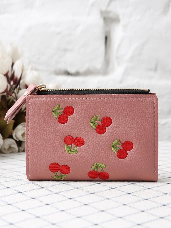 Cherry Pattern Embroidered Short Wallet, Fashionable Pu Leather Zipper Wallet for Women, Casual Trendy Versatile High-quality Wallet for Daily Use