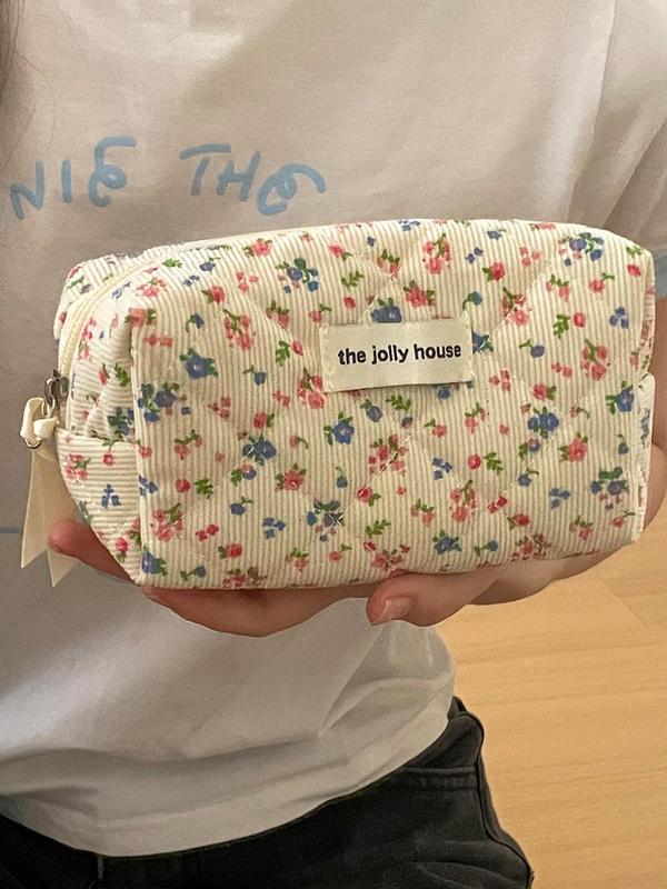 Ditsy Floral Pattern Letters Label Makeup Bag, Travel Essentials Back To School, Corduroy Makeup Brushes Organizer Pouch, Cosmetic Designer Storage Bag, Makeup Accessories