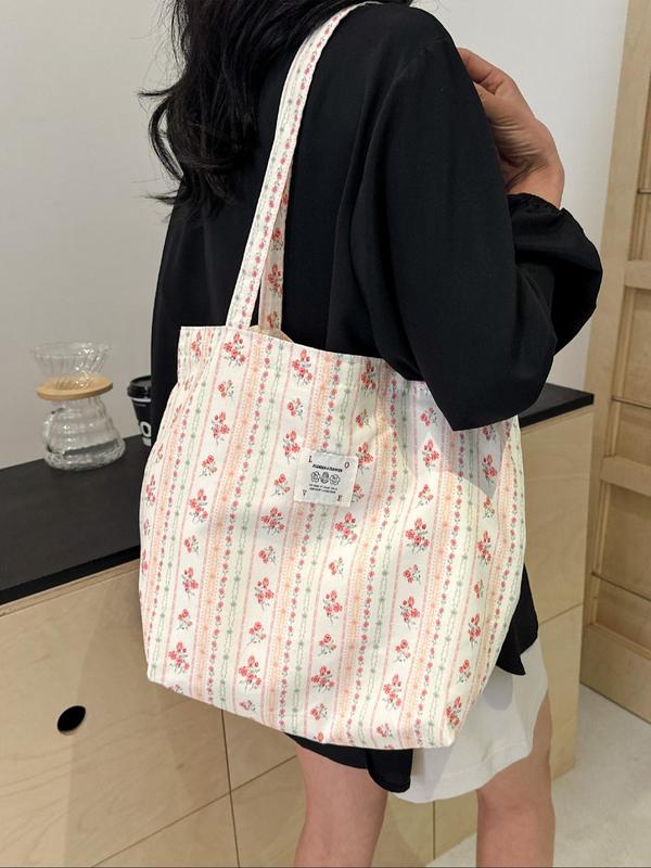 Women's Ditsy Floral Print Canvas Tote Bag, Large Capacity Shoulder Bag, Casual Trendy Versatile High-quality Daily Commuting Bag, Girl Fashionable Shopping Bag