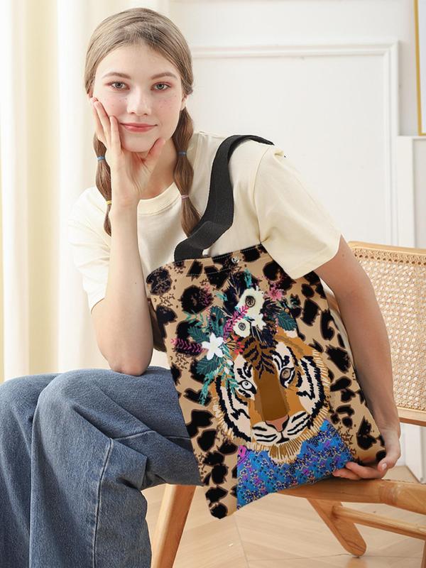 Fashion Tiger Leopard Pattern Tote Bag, Casual Large Capacity Storage Bag for Women & Girls, Casual Trendy Versatile High-quality Daily Commuting Bag