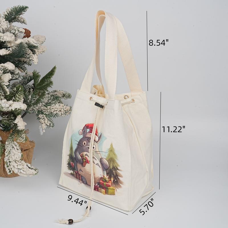 Totoro Christmas Lunch Bag, Handmade Canvas Drawstring Bag for Kids, Adults, Festive Gift