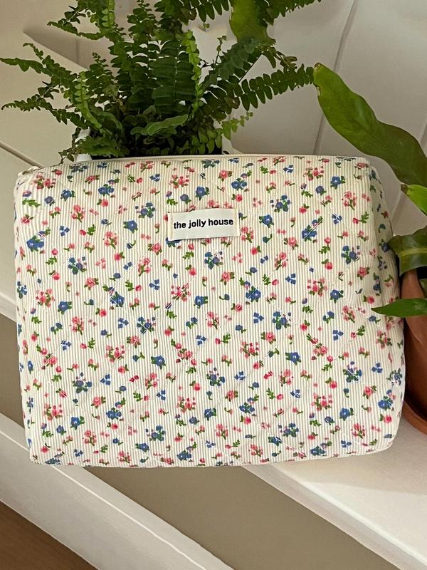 Ditsy Floral Pattern Letters Label Makeup Bag, Travel Essentials Back To School, Corduroy Makeup Brushes Organizer Pouch, Cosmetic Designer Storage Bag, Makeup Accessories