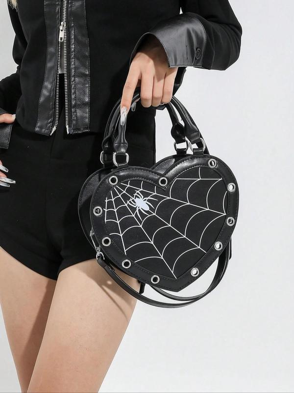 Women's Punk Style Heart Shaped Handbag, Fashionable Spider Web Decor Zipper Shoulder Bag for Daily Used, Casual Trendy Versatile High-quality Daily  Bag