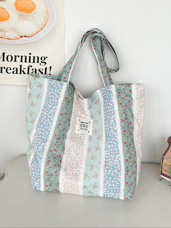 Women's Ditsy Floral Print Canvas Tote Bag, Large Capacity Shoulder Bag, Casual Trendy Versatile High-quality Daily Commuting Bag, Girl Fashionable Shopping Bag