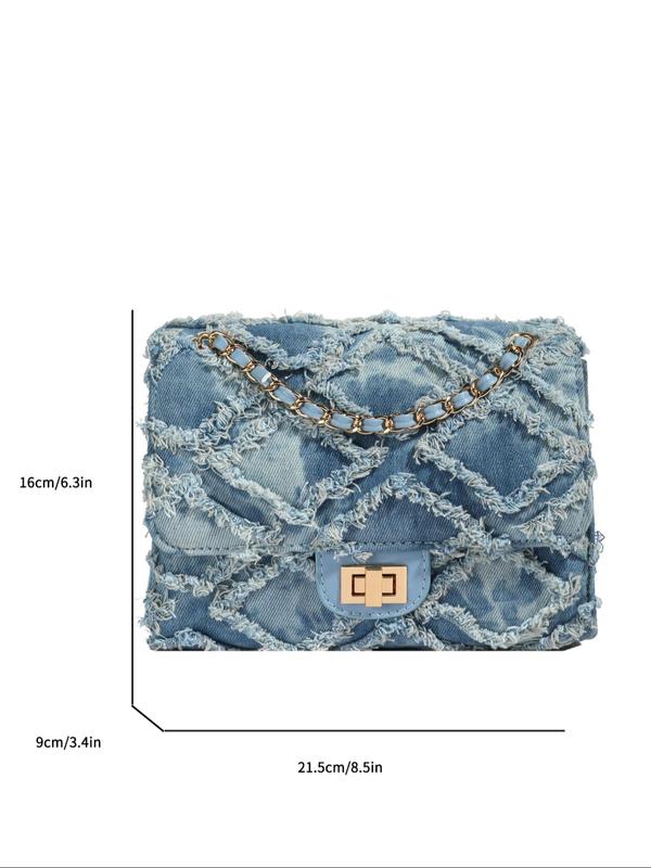 Women's Fashion Chain Strap Denim Rhombus Rough Edge Shoulder Bag, Casual Versatile Solid Color Underarm Bag, Trendy Daily Commuting Bag, Girl Fashionable Bag, Unique Bags,  Shoulder Purse