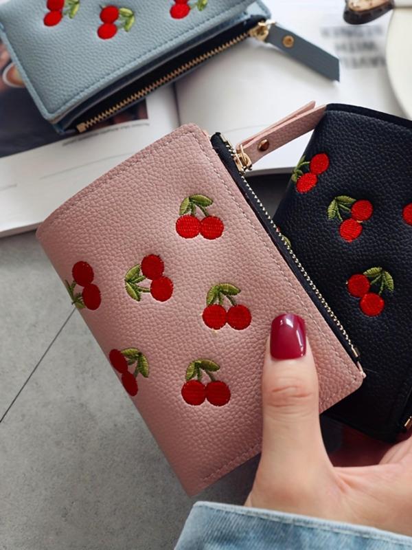 Cherry Pattern Embroidered Short Wallet, Fashionable Pu Leather Zipper Wallet for Women, Casual Trendy Versatile High-quality Wallet for Daily Use