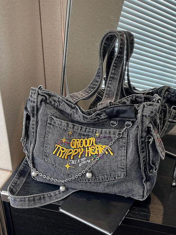 Women's Chain Decor Denim Tote Bag, Letter & Star Pattern Designer Crossbody Bag, Casual Trendy Versatile High-quality Daily Commuting Bag, Girl Shoulder Bag, Fall Outfits,  80s Fall Freshness Fall Fall Outfits 2024