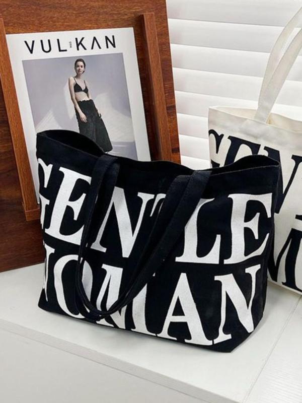 Fashion Letter Printed Canvas Shoulder Bag for Women, Lightweight Large Capacity Casual Tote Bag