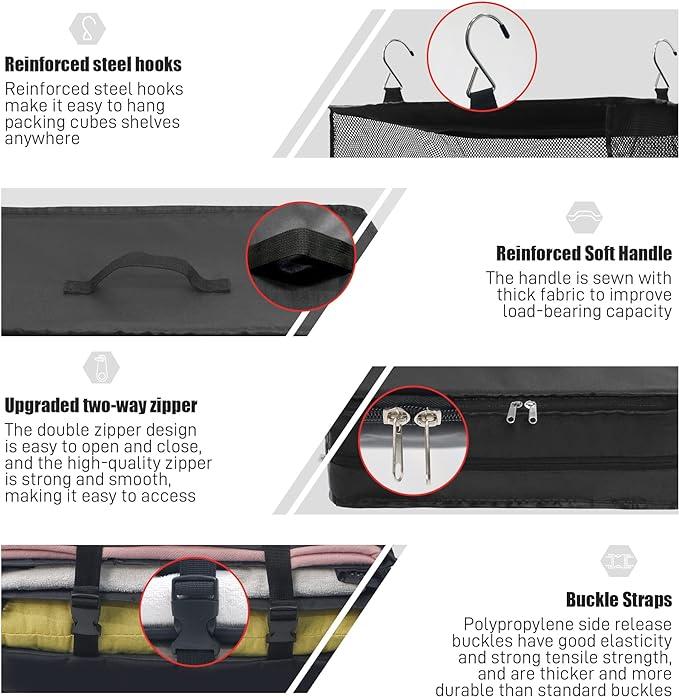 Portable Hanging Travel Shelves Bags with Hooks, Large Capacity Suitcase Packing Cubes for Carry-on Closet and Travel Bag