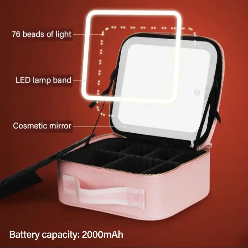 Travel Portable Makeup Bag with LED Light, Large Capacity Cosmetic Storage Box, Travel Portable Makeup Bag Case with Mirror, Christmas Gift