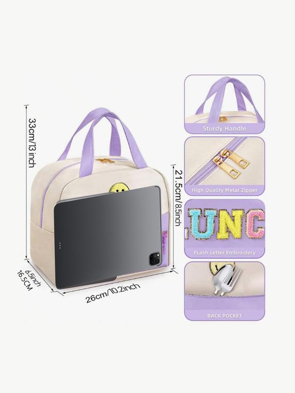 Cute Smile Face & Letter Patched Lunch Bag, Large Capacity Insulated Lunch Bag, Portable Lunch Box Storage Bag for Women & Girls