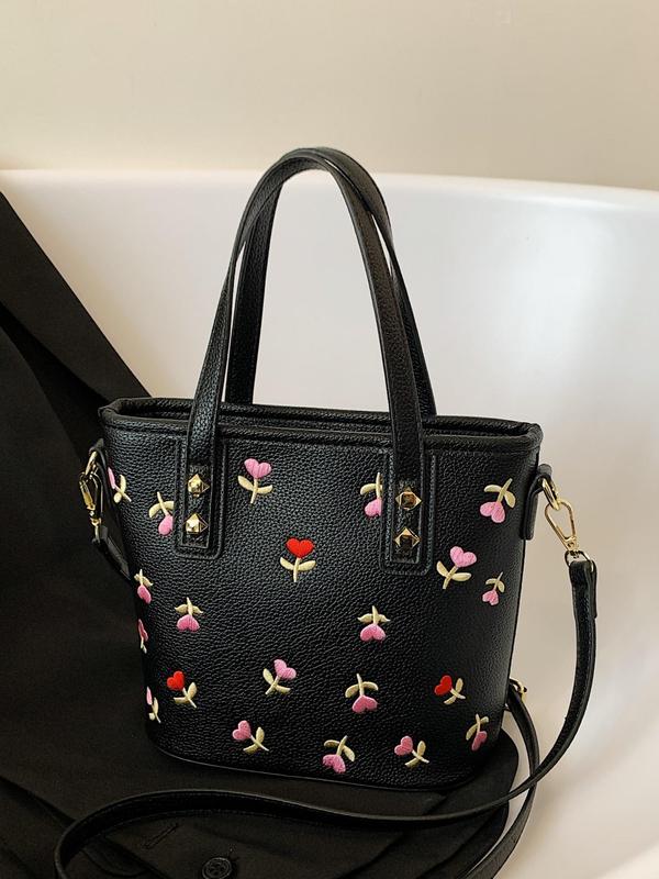 Women's Cute Embroidered Flower Pattern Handbag, Trendy Crossbody Bag, Small Tote Bags, Bags for Women, Fashionable Handbag for Daily Use for Women & Girls