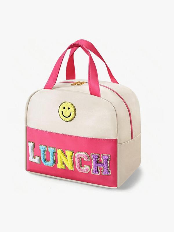 Cute Smile Face & Letter Patched Lunch Bag, Large Capacity Insulated Lunch Bag, Portable Lunch Box Storage Bag for Women & Girls