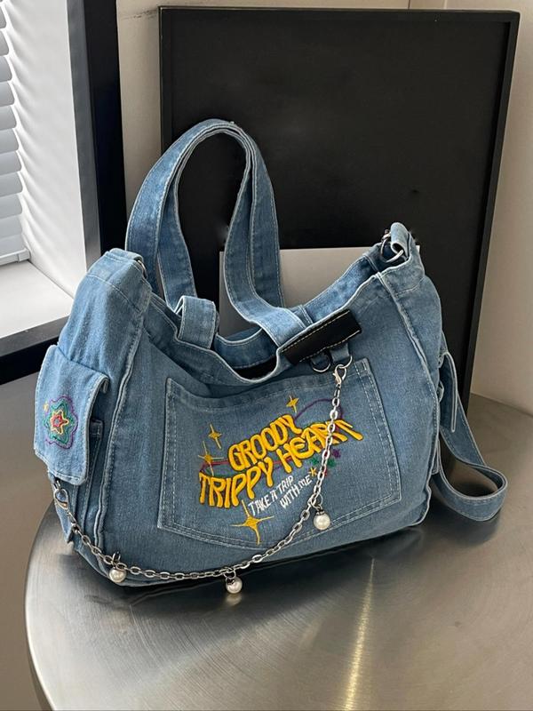 Women's Chain Decor Denim Tote Bag, Letter & Star Pattern Designer Crossbody Bag, Casual Trendy Versatile High-quality Daily Commuting Bag, Girl Shoulder Bag, Fall Outfits,  80s Fall Freshness Fall Fall Outfits 2024