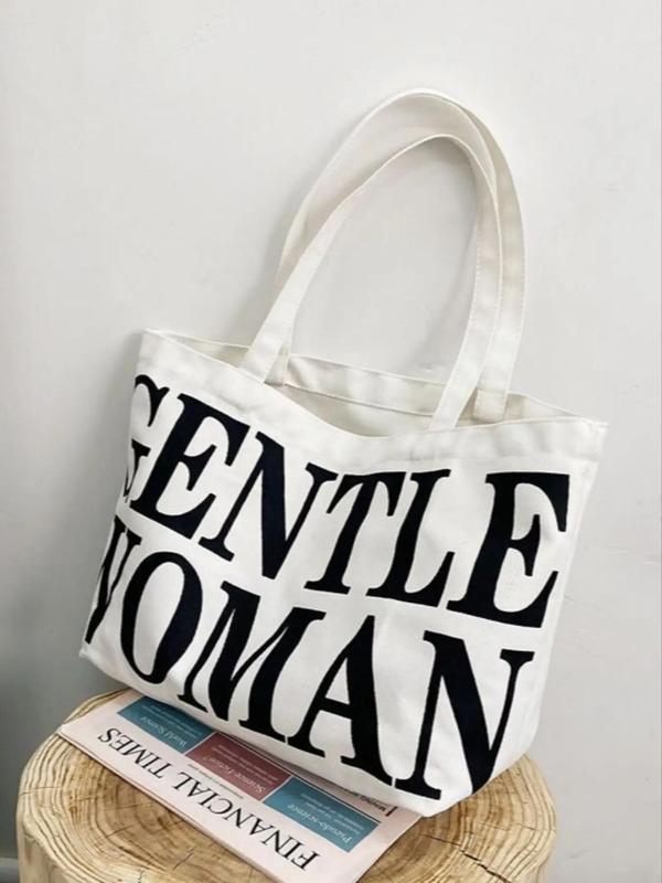 Fashion Letter Printed Canvas Shoulder Bag for Women, Lightweight Large Capacity Casual Tote Bag