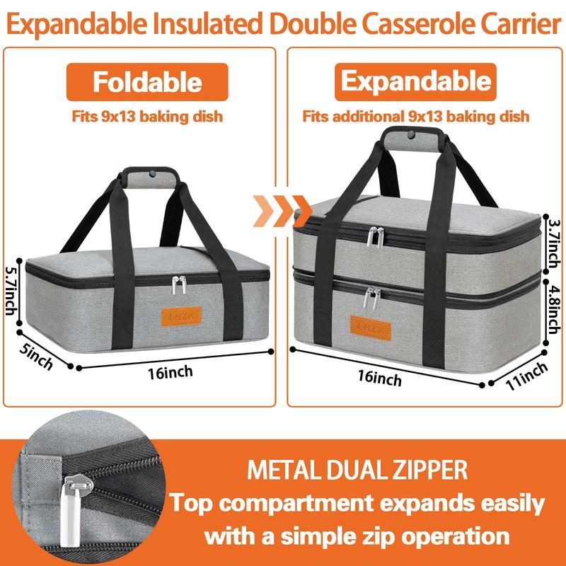 LHZK Double Insulated Casserole Carrier, Expandable Casserole Carriers for Hot or Cold Food, Insulated Food Carrier for Travel, Parties, Picnic, Fits 11 x 15 or 9 x 13 Baking Dish