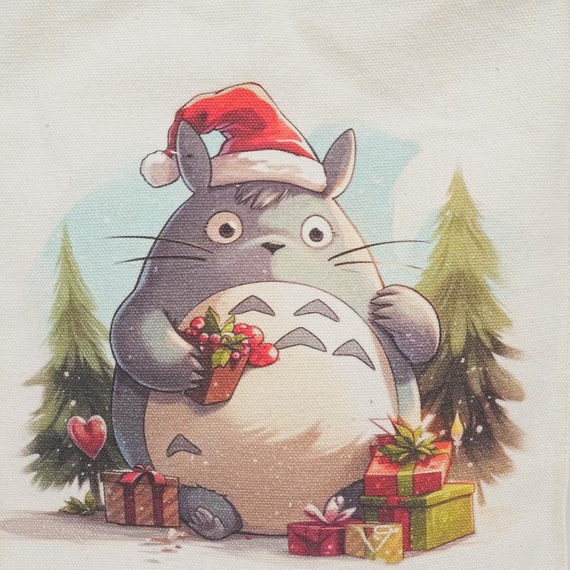 Totoro Christmas Lunch Bag, Handmade Canvas Drawstring Bag for Kids, Adults, Festive Gift