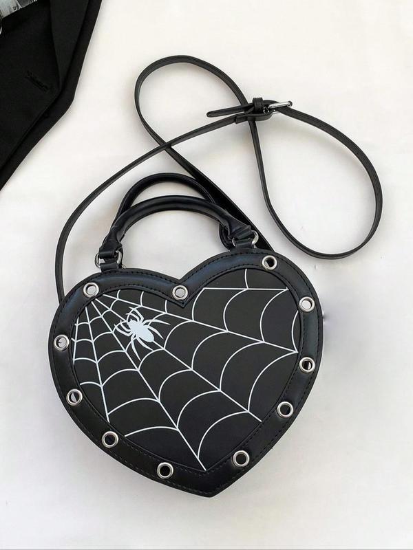 Women's Punk Style Heart Shaped Handbag, Fashionable Spider Web Decor Zipper Shoulder Bag for Daily Used, Casual Trendy Versatile High-quality Daily  Bag