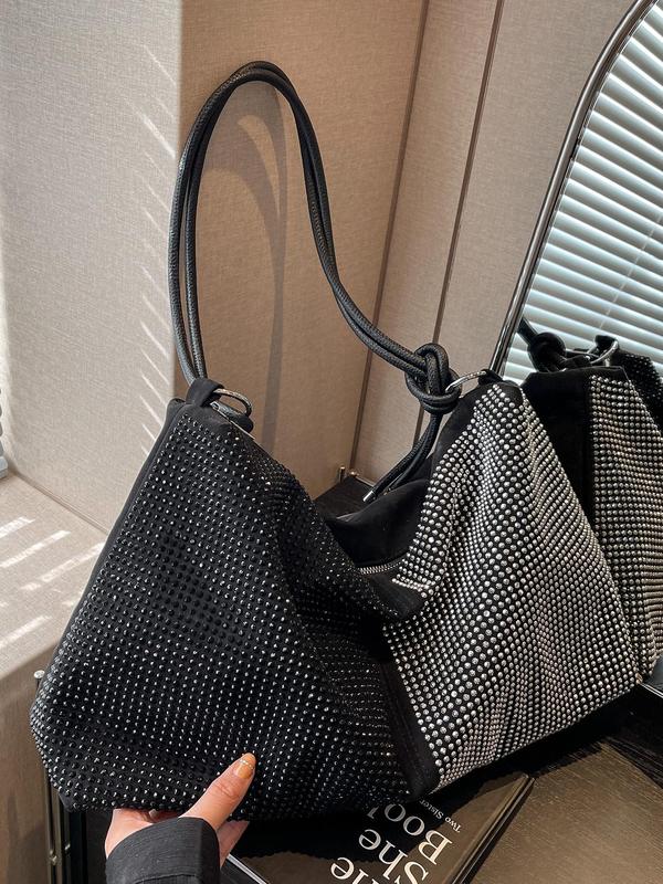 Women's Rhinestone Decorated Tote Bag, Fashionable Large Capacity Shoulder Bag for Daily Used, Casual Trendy Versatile High-quality Daily Commuting Bag