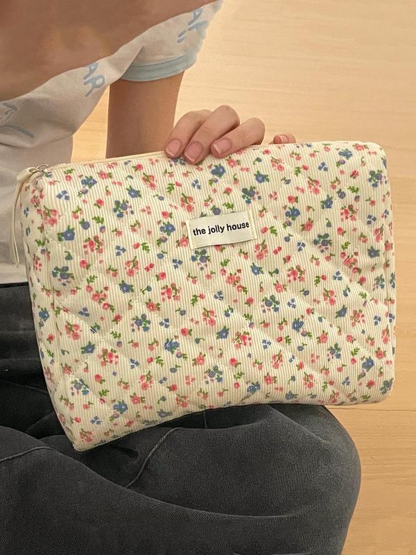 Ditsy Floral Pattern Letters Label Makeup Bag, Travel Essentials Back To School, Corduroy Makeup Brushes Organizer Pouch, Cosmetic Designer Storage Bag, Makeup Accessories