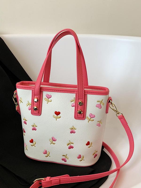 Women's Cute Embroidered Flower Pattern Handbag, Trendy Crossbody Bag, Small Tote Bags, Bags for Women, Fashionable Handbag for Daily Use for Women & Girls