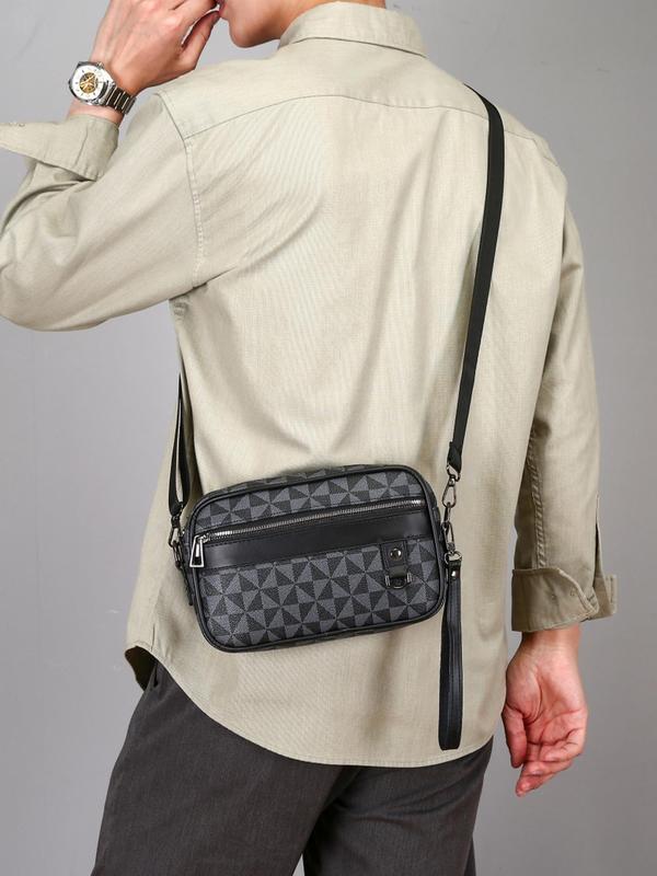 Men's Casual Geometric Pattern Zipper Crossbody Bag, 2024 New Style Fashionable PU Leather Shoulder Bag for Daily Used, Casual Trendy Versatile High-quality Daily Commuting Bag