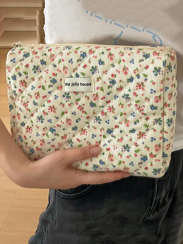 Ditsy Floral Pattern Letters Label Makeup Bag, Travel Essentials Back To School, Corduroy Makeup Brushes Organizer Pouch, Cosmetic Designer Storage Bag, Makeup Accessories