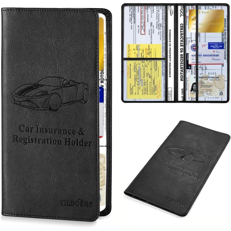 Leather Car Registration and Insurance Card Holder, Car Document Holder for Cards License with Magnetic Shut (Black, large)