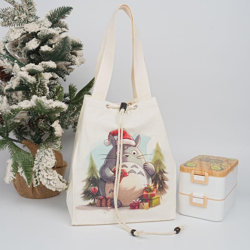 Totoro Christmas Lunch Bag, Handmade Canvas Drawstring Bag for Kids, Adults, Festive Gift