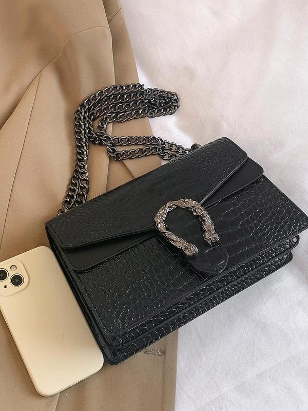 Women's Elegant Fashion Chain Strap Crocodile Embossed Crossbody Bag, Trendy Versatile Shoulder Bag, Casual High-quality Daily Commuting Bag, Girl Fashionable Bag