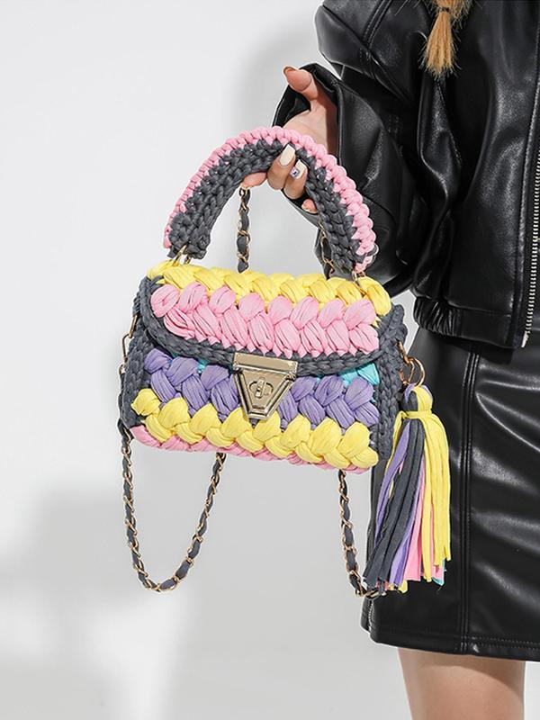 Women's Colorblock Crochet Handmade Bag, Fashionable Tassel Decor Crossbody Bag for Daily Used, Casual Trendy Versatile High-quality Daily Commuting Bag