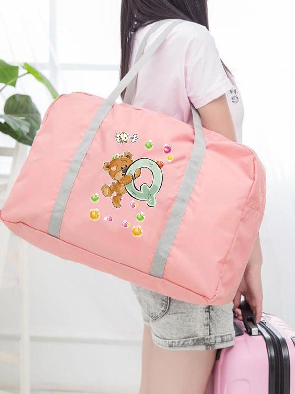 Large Capacity Cartoon Bear Print Folding Travel Bag, Letters Travel Bag, Boarding Luggage Clothes Handbag, Picnic Move House Handbag, Travel Duffle Bag