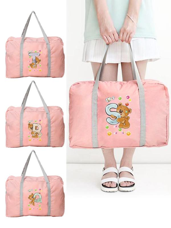 Large Capacity Cartoon Bear Print Folding Travel Bag, Letters Travel Bag, Boarding Luggage Clothes Handbag, Picnic Move House Handbag, Travel Duffle Bag