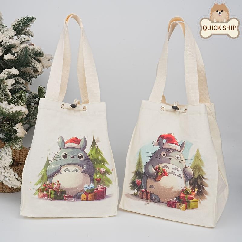 Totoro Christmas Lunch Bag, Handmade Canvas Drawstring Bag for Kids, Adults, Festive Gift