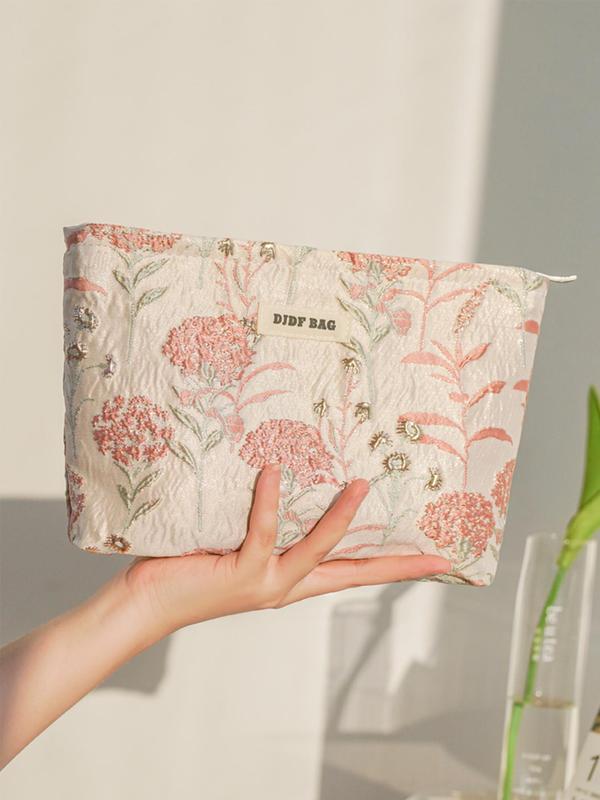 Floral & Letters Pattern Makeup Bag, Large Capacity Cosmetic Storage Bag, Zipper Makeup Organizer Pouch, Casual Trendy Versatile High-quality Daily Bag