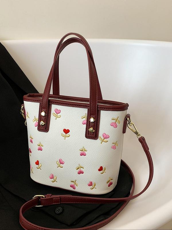 Women's Cute Embroidered Flower Pattern Handbag, Trendy Crossbody Bag, Small Tote Bags, Bags for Women, Fashionable Handbag for Daily Use for Women & Girls