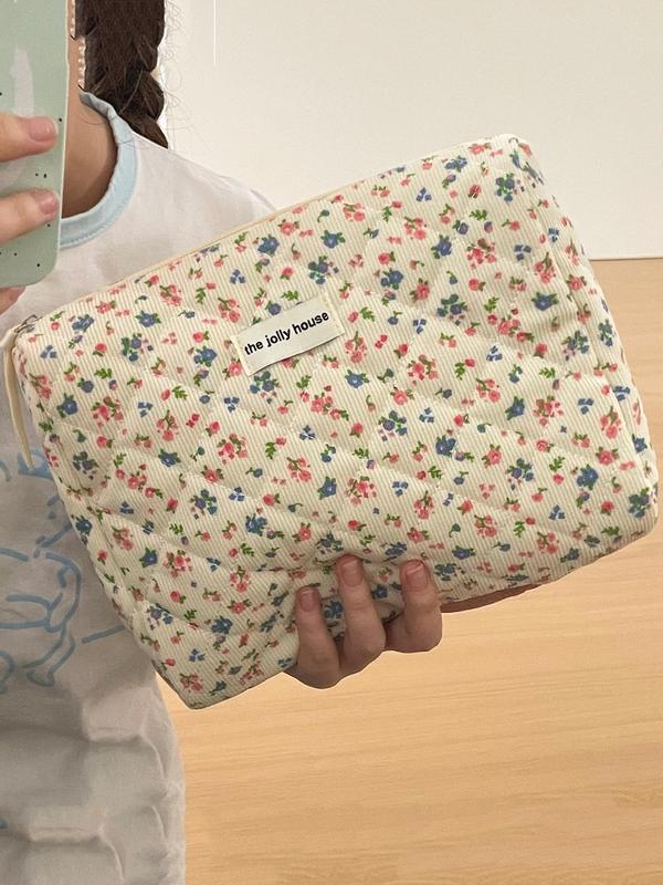 Ditsy Floral Pattern Letters Label Makeup Bag, Travel Essentials Back To School, Corduroy Makeup Brushes Organizer Pouch, Cosmetic Designer Storage Bag, Makeup Accessories