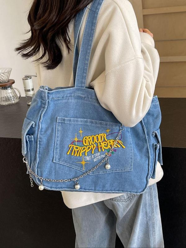 Fashion Letter Pattern Embroidery Design Tote Bag, 2024 New Style Casual Large Capacity Shoulder Bag for Women, Trendy All-match Bag for Daily Use