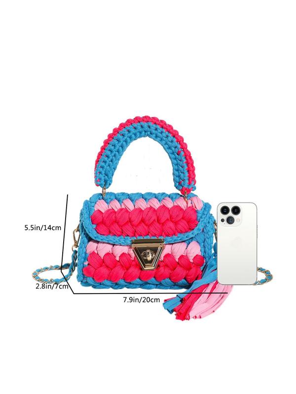 Women's Colorblock Crochet Handmade Bag, Fashionable Tassel Decor Crossbody Bag for Daily Used, Casual Trendy Versatile High-quality Daily Commuting Bag