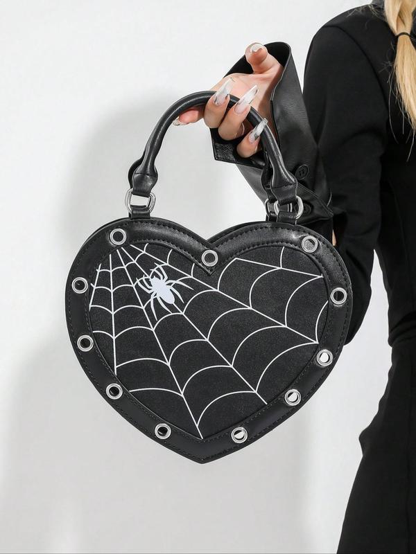 Women's Punk Style Heart Shaped Handbag, Fashionable Spider Web Decor Zipper Shoulder Bag for Daily Used, Casual Trendy Versatile High-quality Daily  Bag