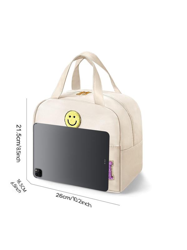 Cute Smile Face & Letter Patched Lunch Bag, Large Capacity Insulated Lunch Bag, Portable Lunch Box Storage Bag for Women & Girls