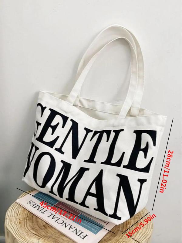 Fashion Letter Printed Canvas Shoulder Bag for Women, Lightweight Large Capacity Casual Tote Bag