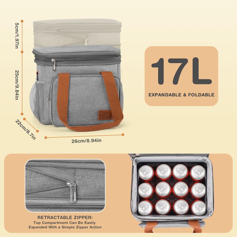 Insulated Lunch Bag, 17L Expandable Double Deck Lunch Tote Bag for Women Men, Leakproof Freezable Cooler Box W  Side Tissue Pocket&Adjustable Shoulder Strap, Suit for Work,School,Camping,Picnic(Gray)