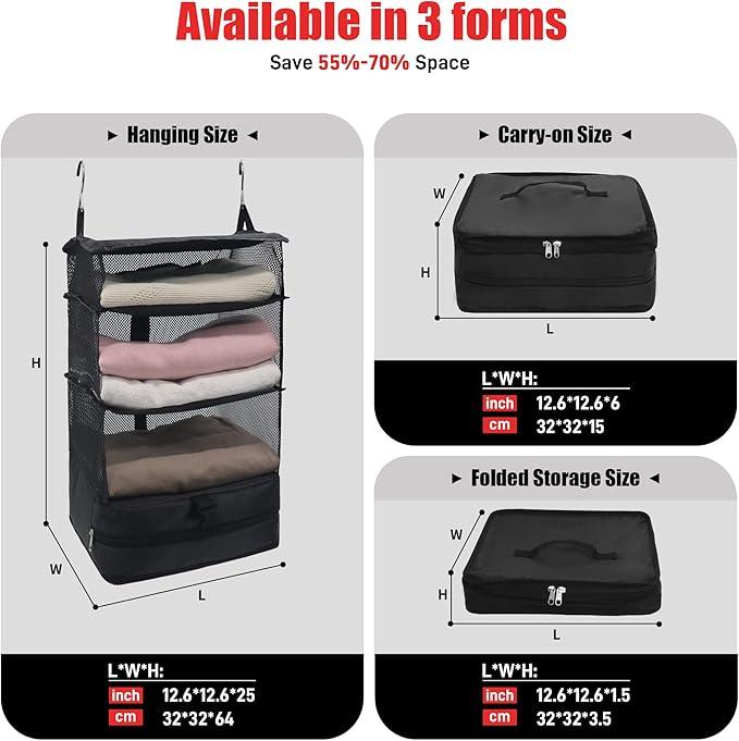 Portable Hanging Travel Shelves Bags with Hooks, Large Capacity Suitcase Packing Cubes for Carry-on Closet and Travel Bag