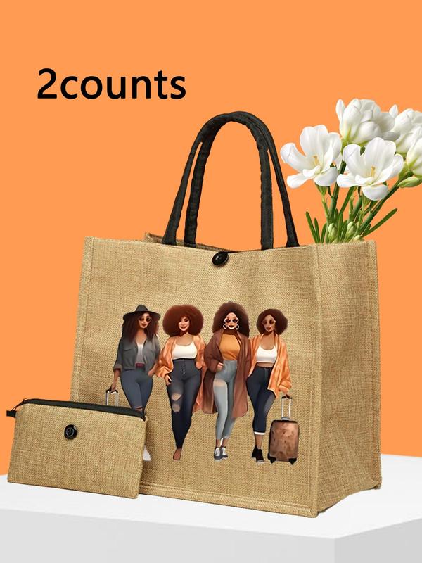 Letter Pattern Tote Bag with Small Zipper Bag, 2counts Casual Large Capacity Shoulder Bag & Wallet for Women & Girls, Trendy Versatile High-quality Daily Commuting Bag, Girl Fashionable Shopping Bag