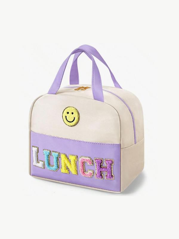 Cute Smile Face & Letter Patched Lunch Bag, Large Capacity Insulated Lunch Bag, Portable Lunch Box Storage Bag for Women & Girls