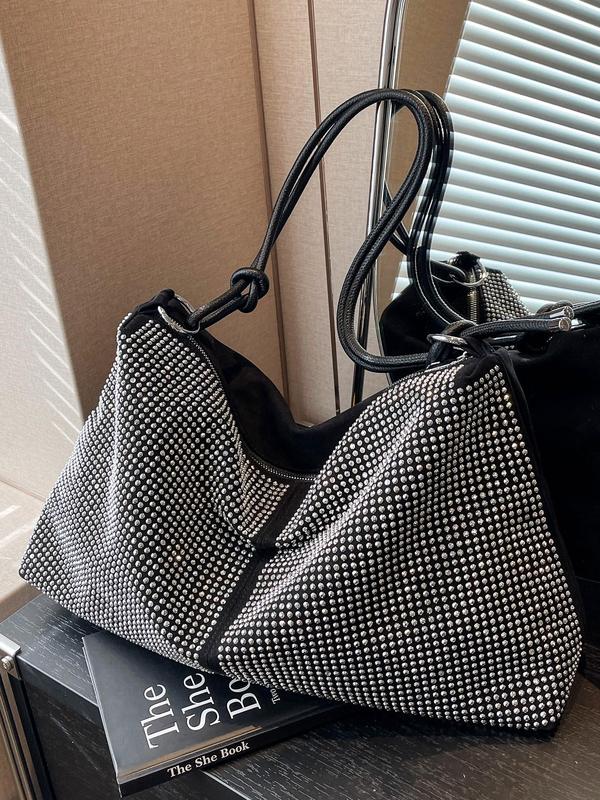 Women's Rhinestone Decorated Tote Bag, Fashionable Large Capacity Shoulder Bag for Daily Used, Casual Trendy Versatile High-quality Daily Commuting Bag