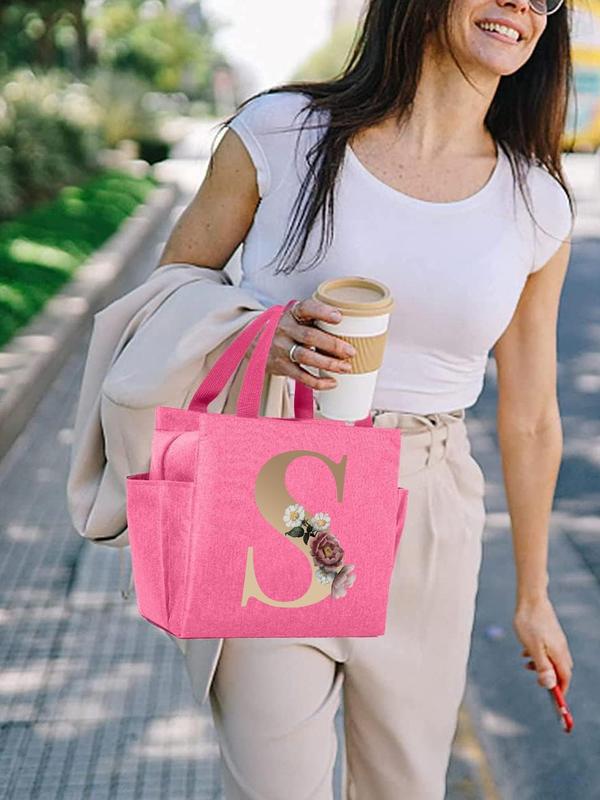 Letter Floral Pattern Canvas Handbag, Portable Lunch Bag for Travel Commuting Work Or Outdoor Adventures, Fall Outfit、Fall Freshness